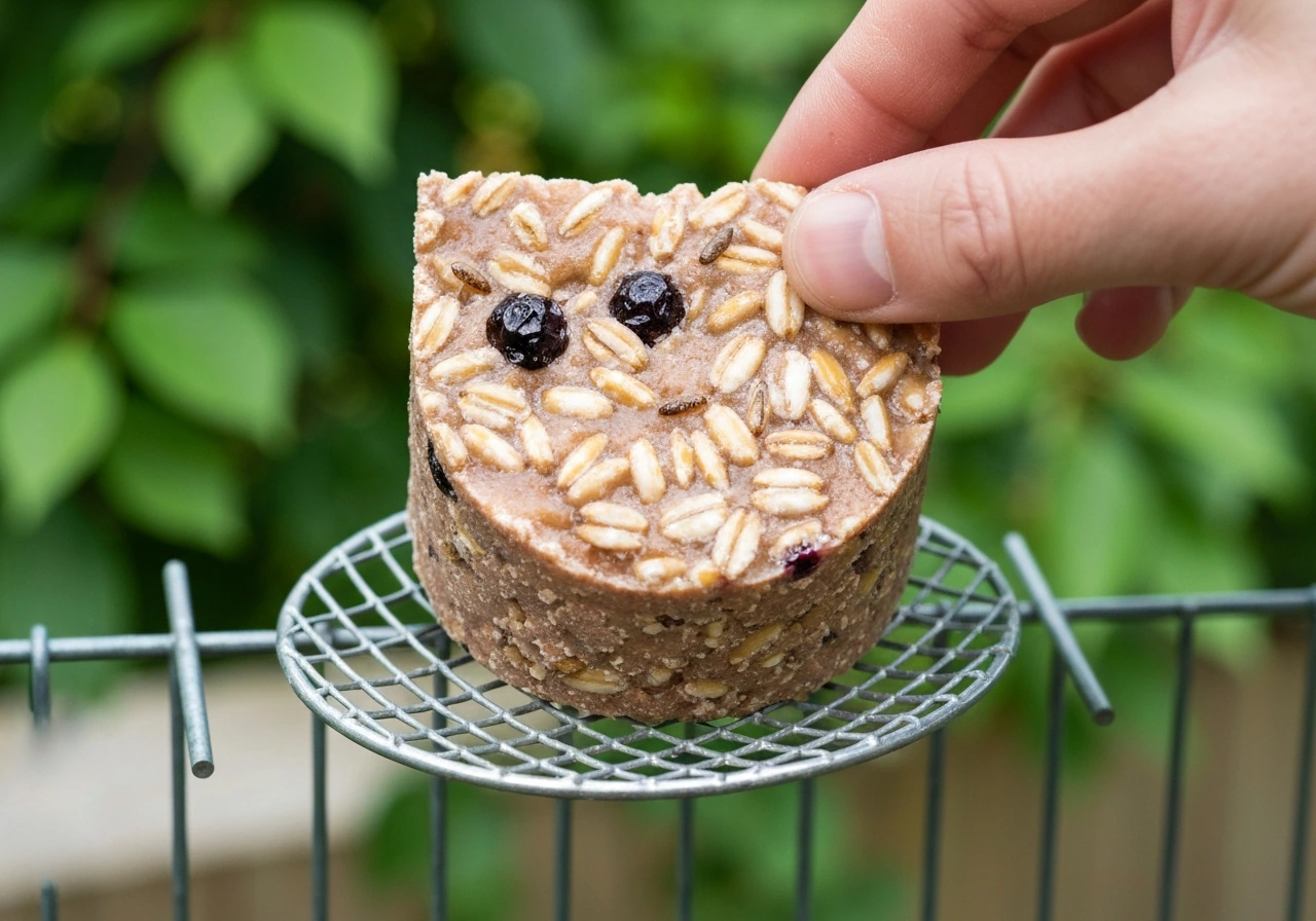 Close-up of a textured suet cake with grains and berries being placed into a mesh suet feeder.