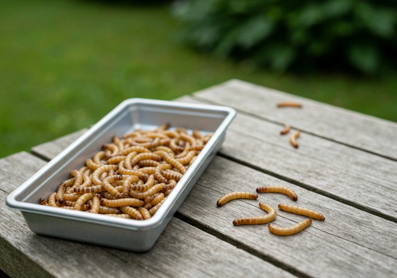 Live mealworms in a small bird feeder tray beside a few on a wooden surface
