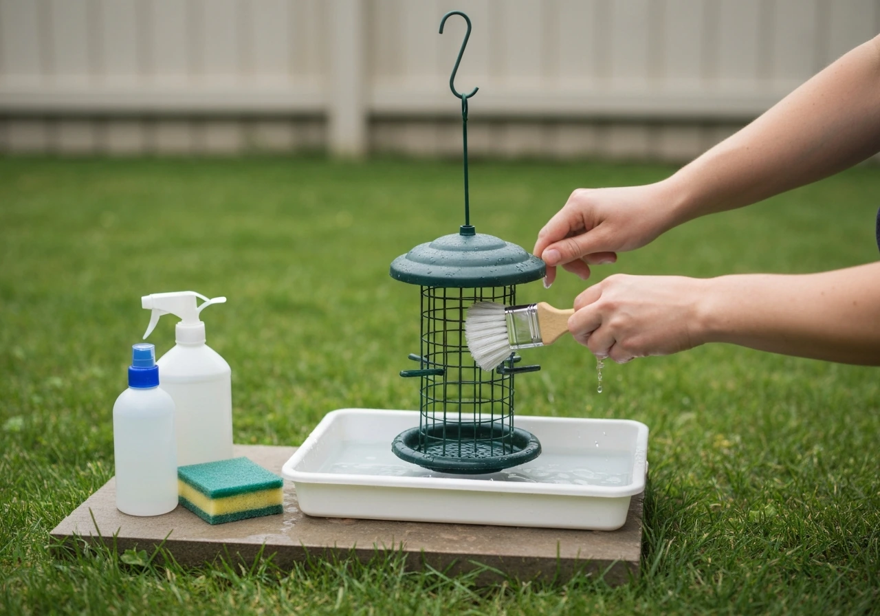Hands scrub a bird feeder over a tray while unlabeled cleaning supplies sit nearby.