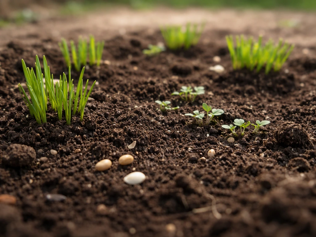Close-up of a soil bed with young green seedlings emerging from planted bird seed.