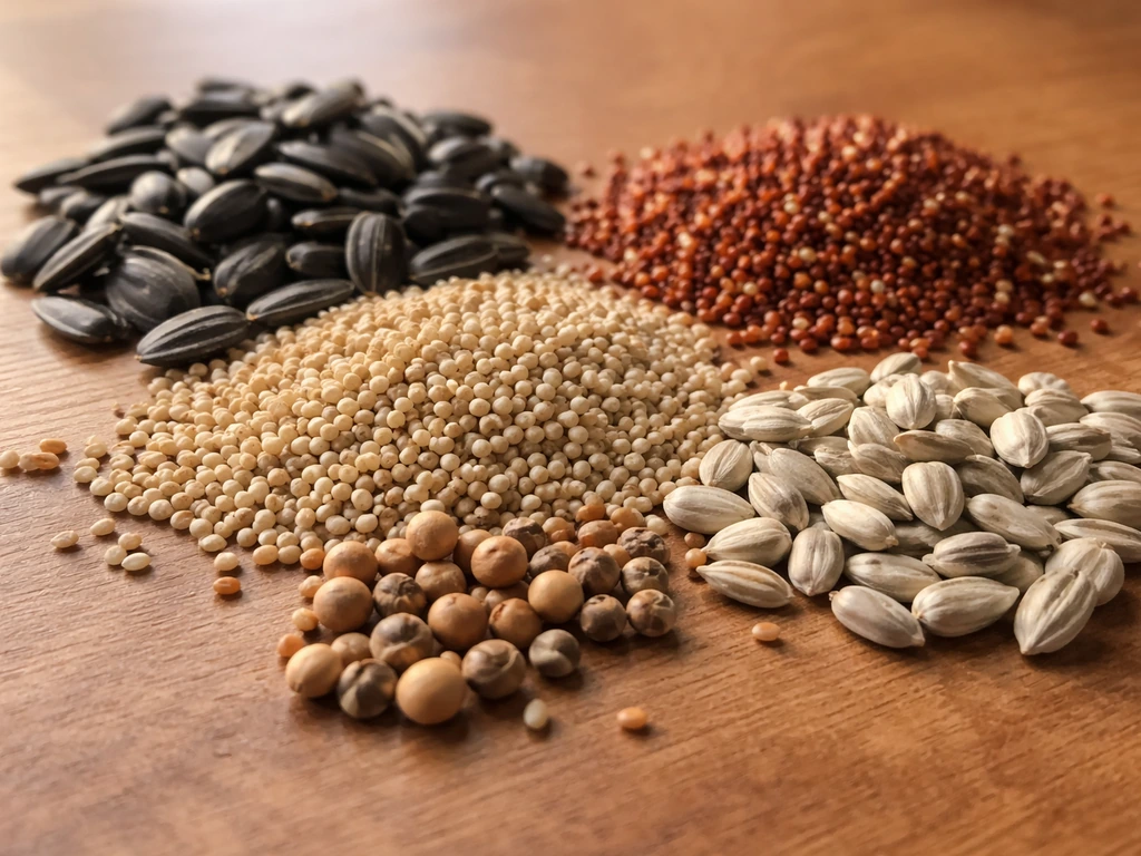 Close-up of mixed bird seeds on wood showing sunflower, millet, milo, and safflower textures