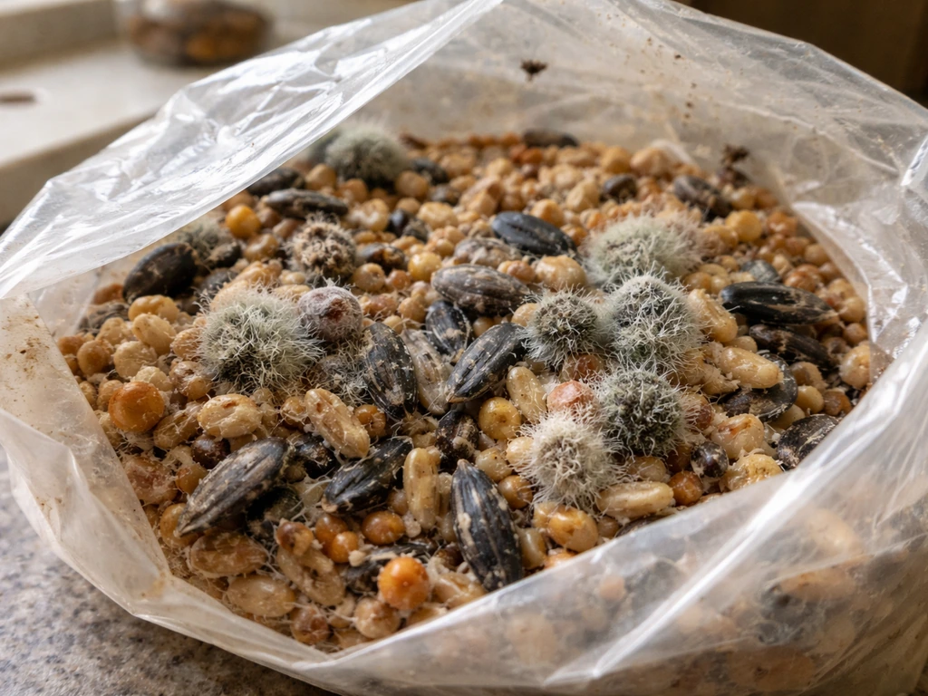 Close-up of stored bird seed with clumps, visible mold fuzz, powdery residue, webbing, and small insects.