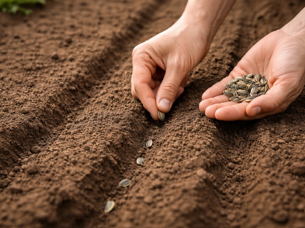 Hands place seeds into shallow furrows in loose soil, showing correct sowing depth.