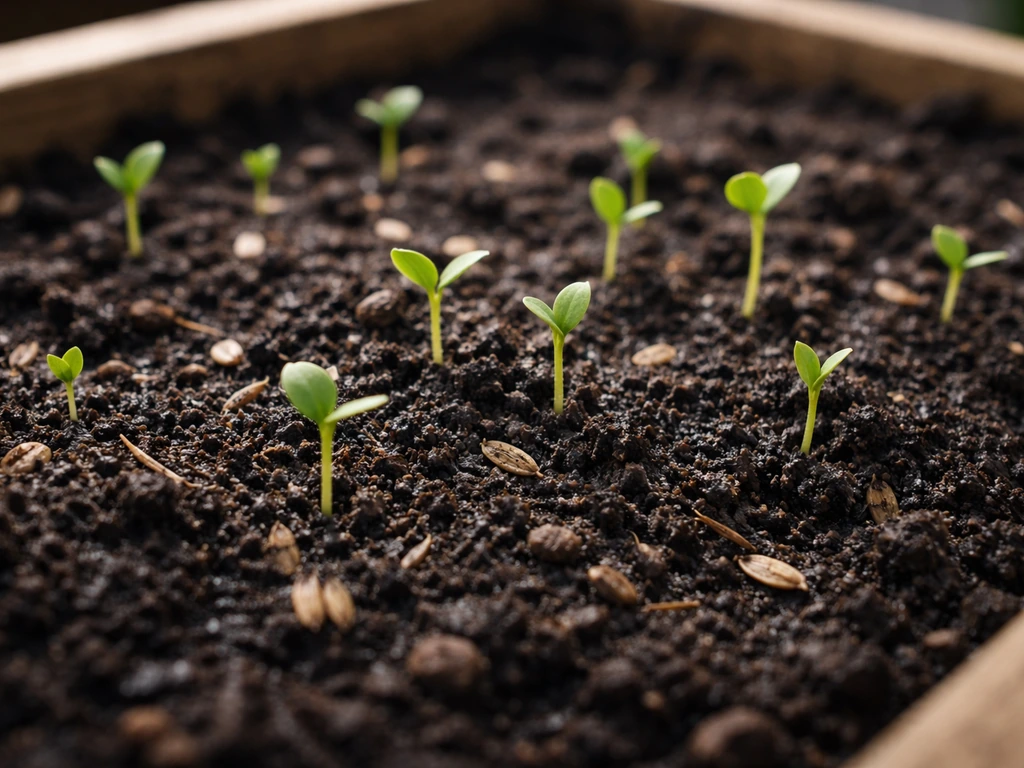 Close-up of soil bed with young bird-seed sprouts emerging after consistent gentle watering