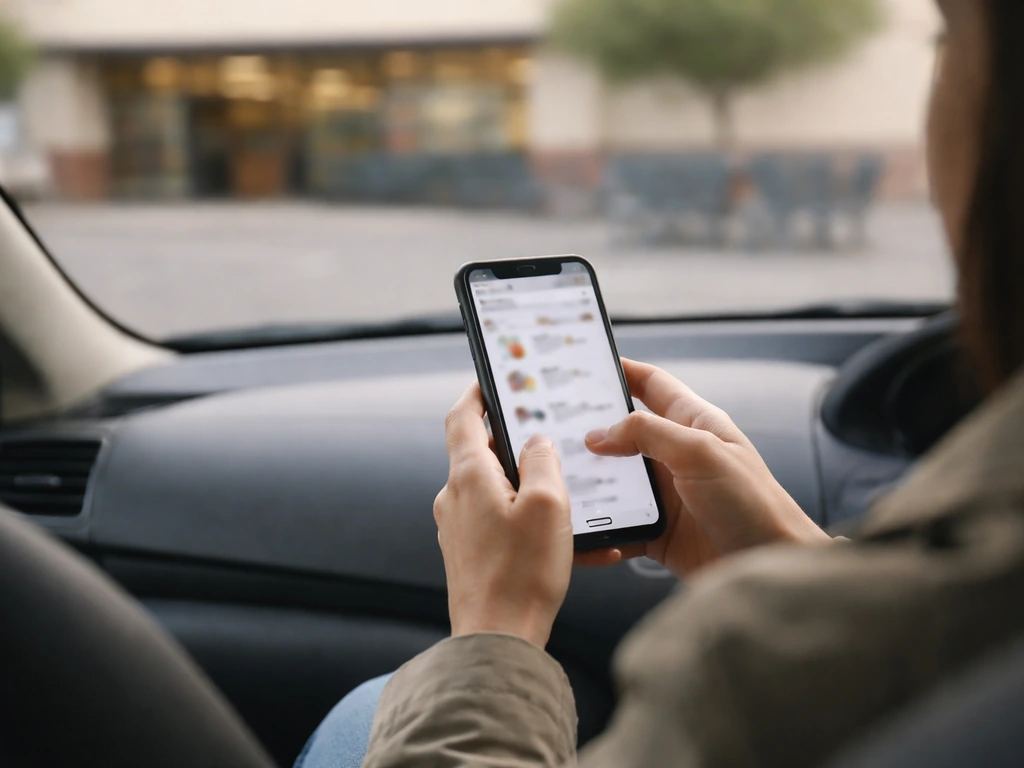 Person using a smartphone in a grocery parking lot to check store pickup availability