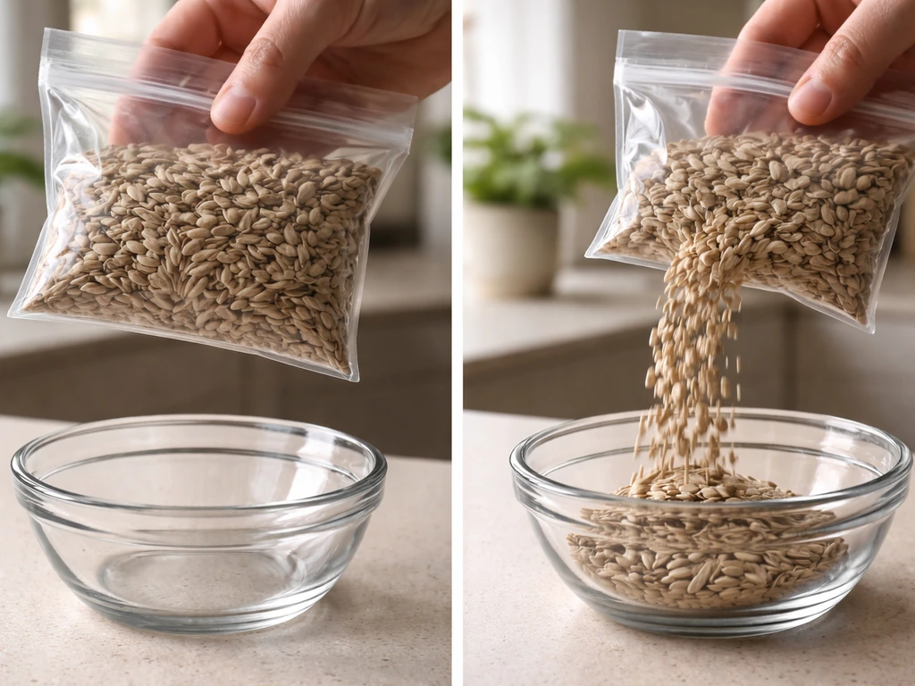 Sealed seed bag pouring free-flowing seeds into a clear container, dry and clump-free.
