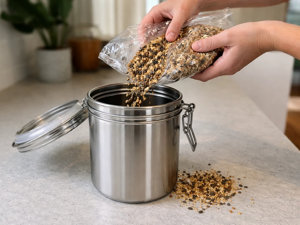 Hands pouring bird seed from a plastic bag into a sealed metal storage container with a locked lid.