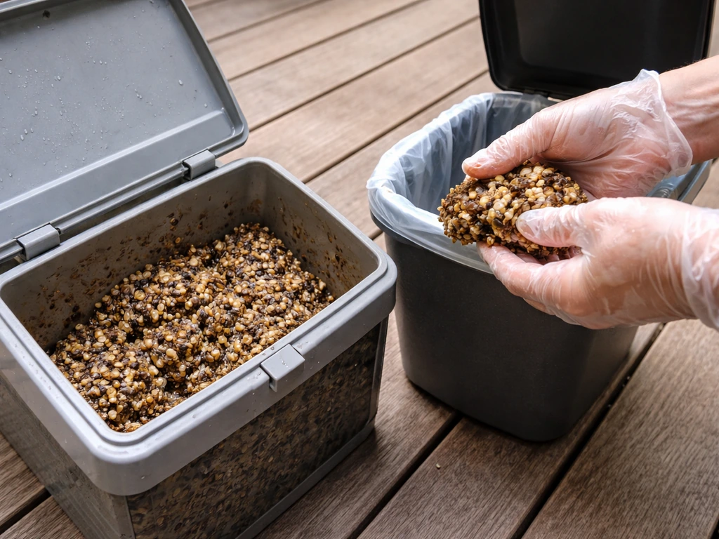 Wet clumped bird seed in a feeder with gloved hands removing it into a trash bin.