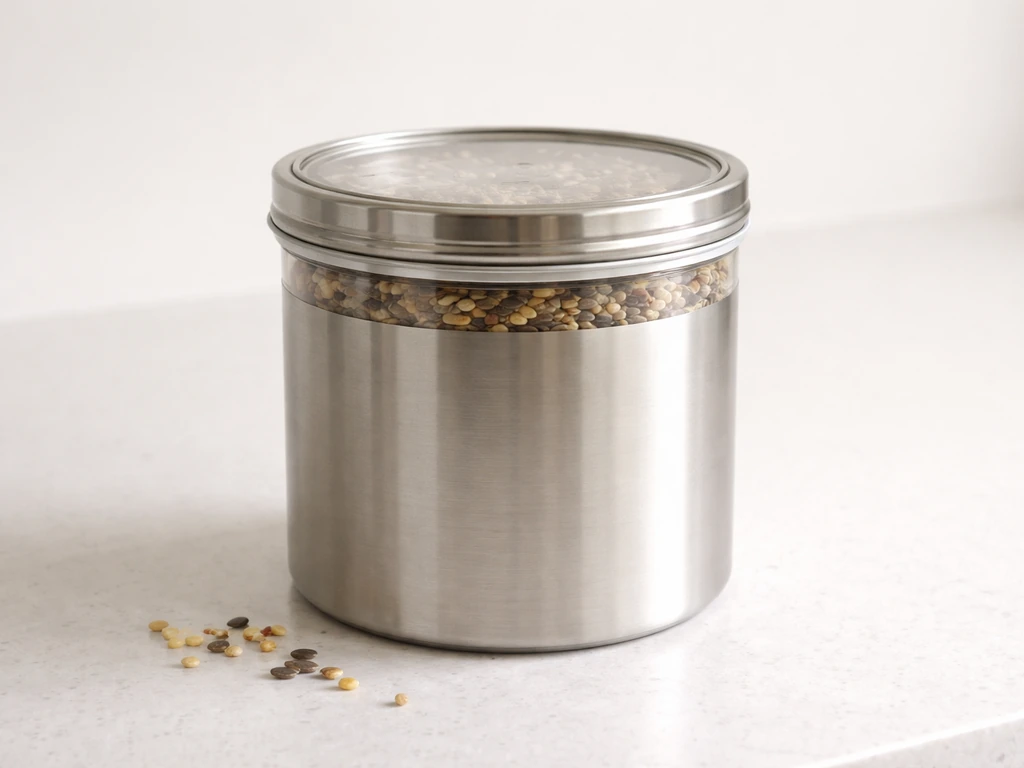 Tightly sealed metal can filled with bird seed on a counter, showing an airtight lid and gasket.