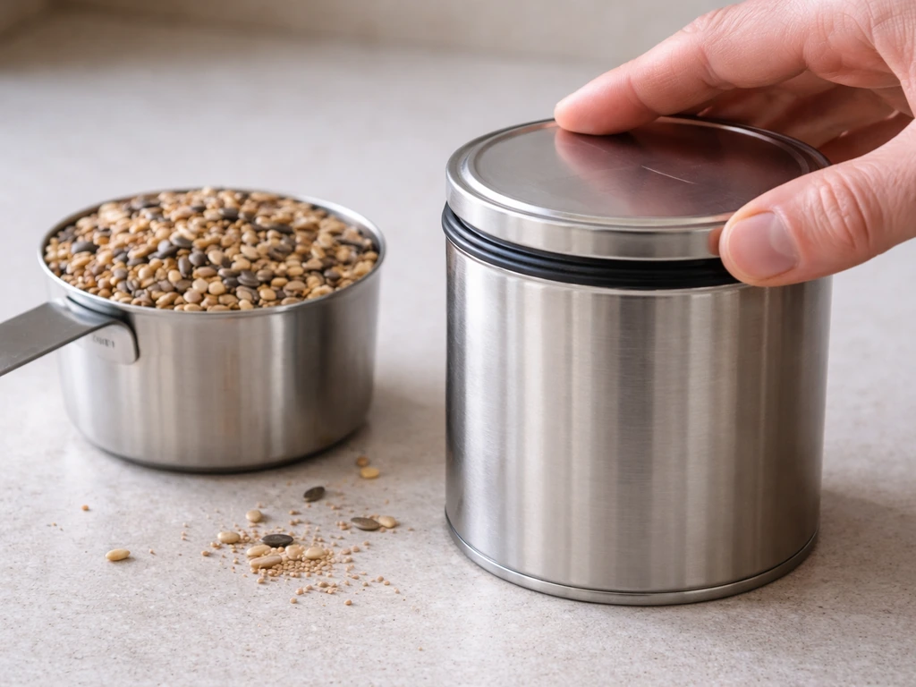 Hand measuring bird seed cup beside metal can and lid, matching size for tight storage seal.