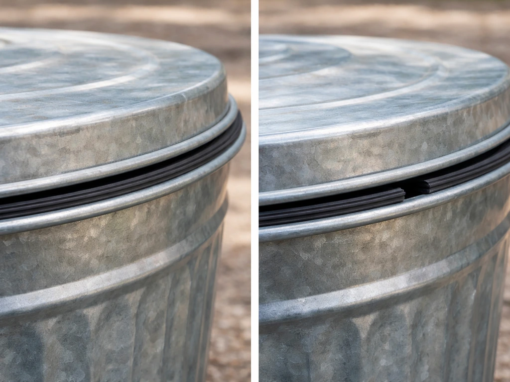 Close-up of a galvanized metal trash can lid and rim showing a snug gasket seal and tight fit