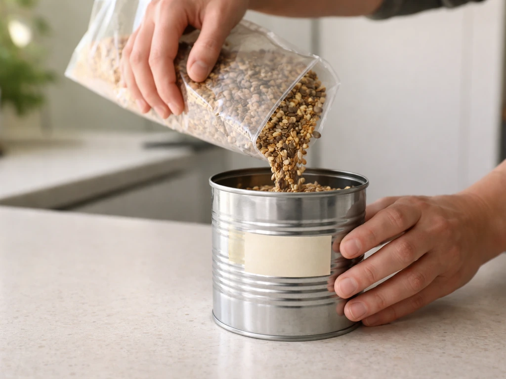 Hands pouring bird seed from a bag into a metal can while placing masking tape on a label.