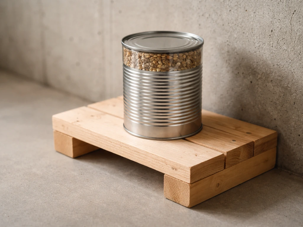 Bird seed metal can stored on a shelf above the floor in a clean garage corner to deter rodents.