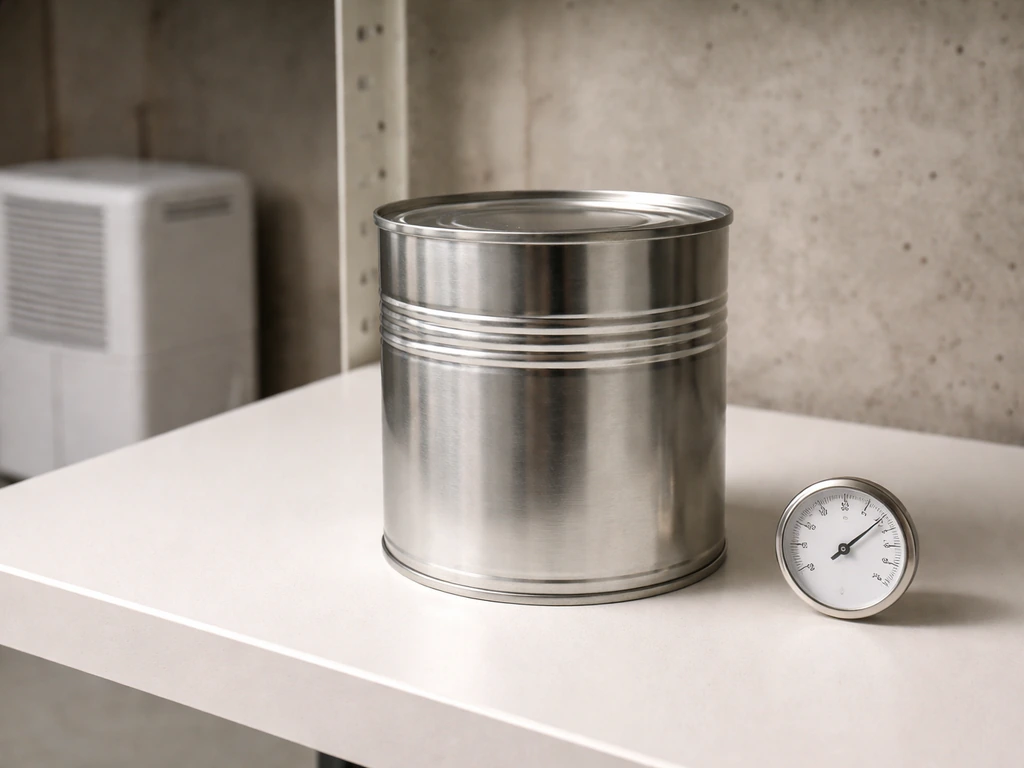 Sealed metal seed can on a shelf in a cool, dry basement with a nearby hygrometer and dehumidifier.