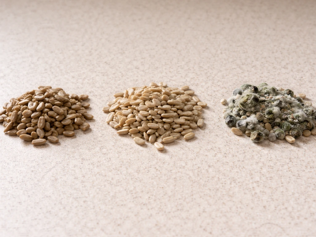 Side-by-side close-up of clumped damp seeds, normal free-flowing seeds, and clearly moldy seeds on a countertop.