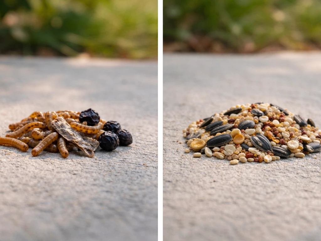 Side-by-side close-up of wild animal prey/fruit vs sunflower and millet bird seed ingredients.