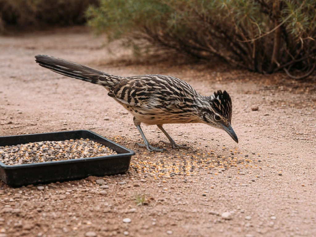A roadrunner forages on a dirt path near spilled seeds and a low ground feeder tray.