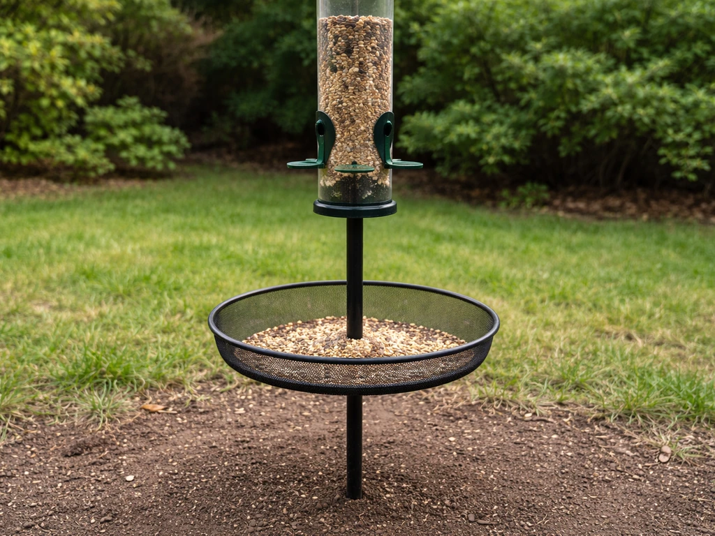A tube bird feeder with a seed catcher tray beneath, with minimal spilled seed on the ground.