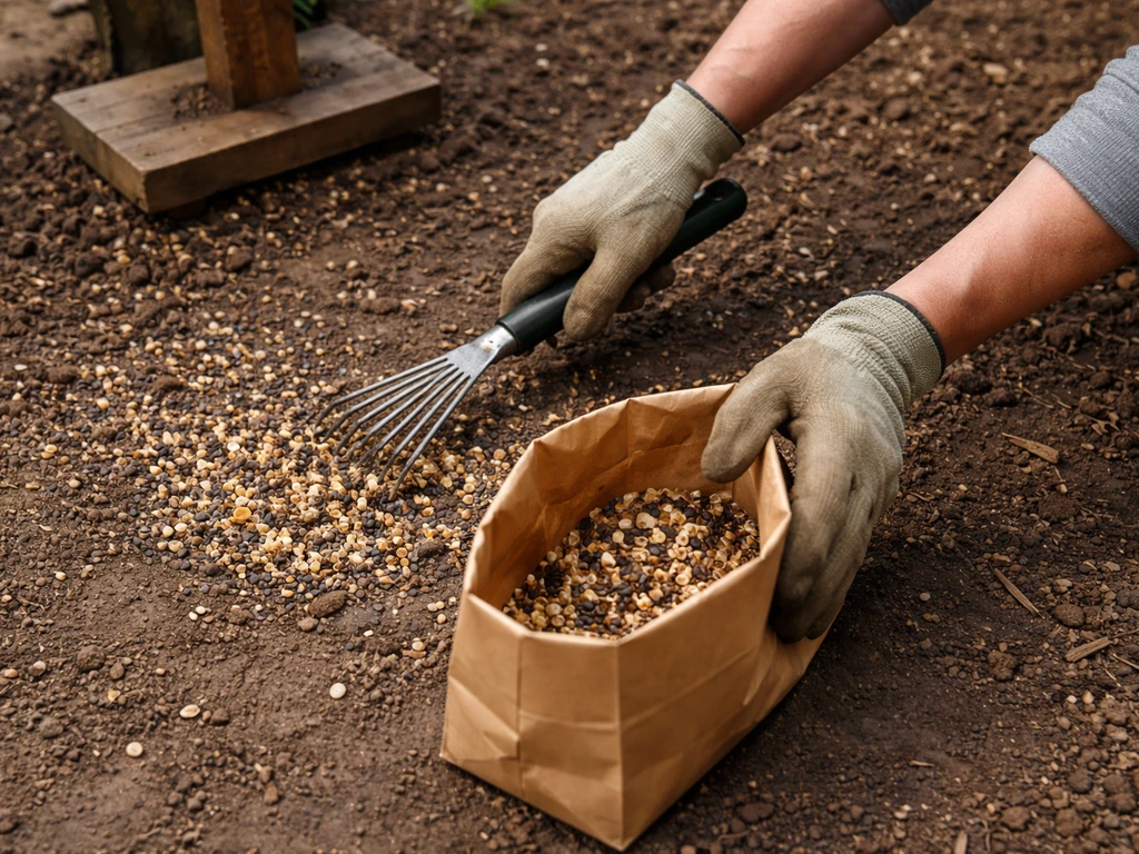 Person raking spilled birdseed and debris under a backyard feeder, bagging soggy seed shells