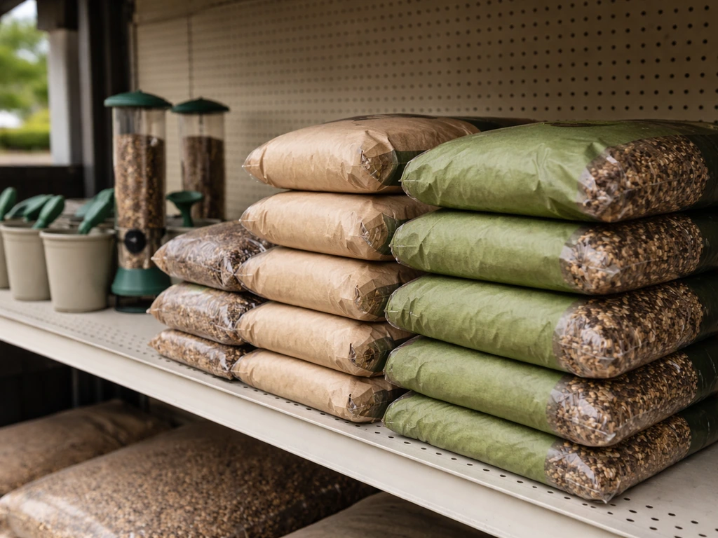Bird seed bags on an outdoor retail shelf with bird-feeding supplies at Tractor Supply-style store.