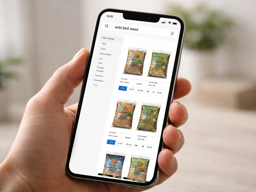 Phone screen showing an online store search results page for wild bird seed with filters and product options.