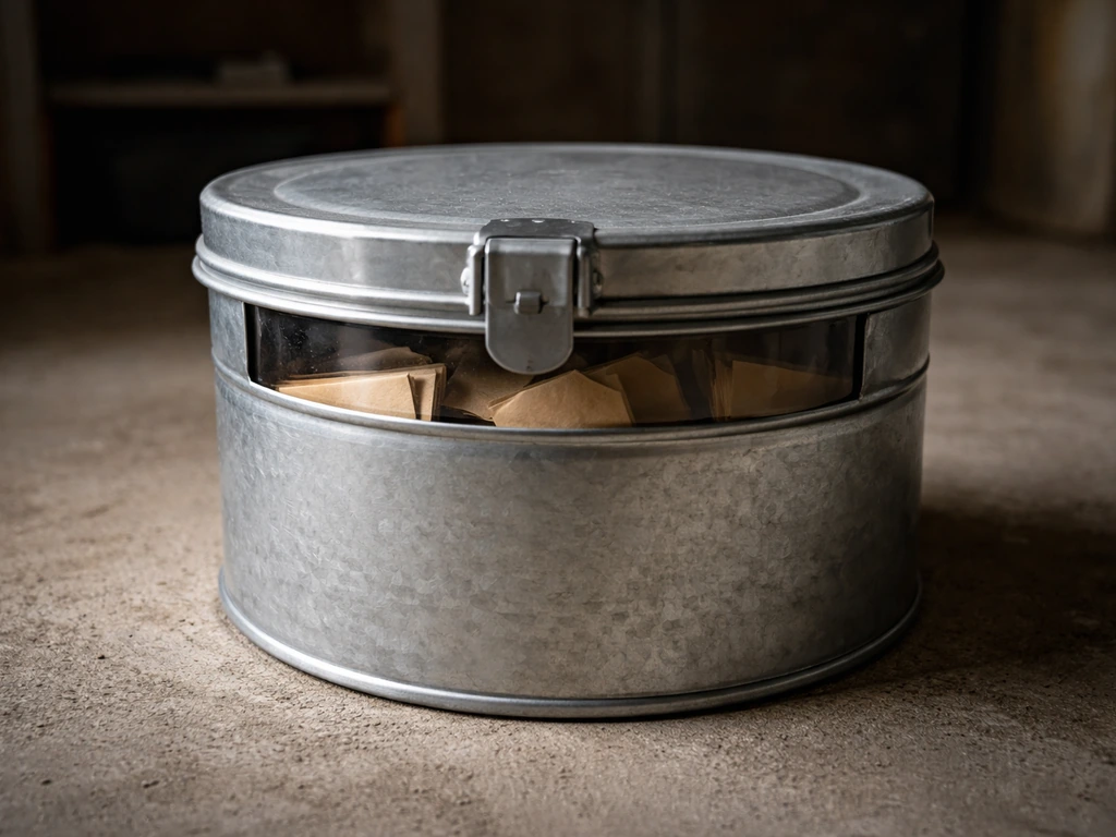 A sealed metal bin with seed packets stored in a garage/shed, lid closed to block moisture and pests.