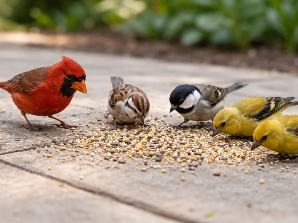 Wild birds pecking scattered bird seed on bare ground or patio stones in a backyard.