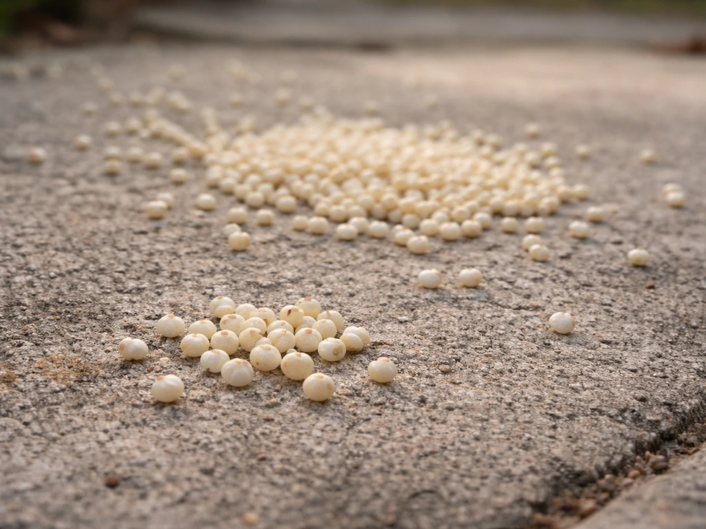 Close-up of white proso millet scattered on a patio stone surface, showing seed for ground-feeding birds