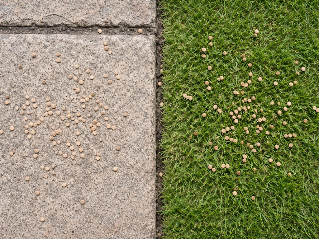 Top-down view of seeds scattered on flagstone (left) versus on grass (right).