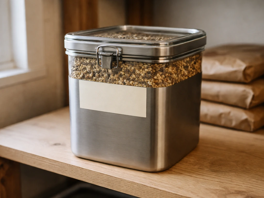 Sealed metal container of birdseed stored in a cool, dry pantry shelf.