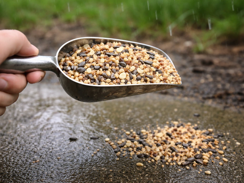 Metal scoop of dry birdseed over wet ground with a few darker damp seeds beside it.