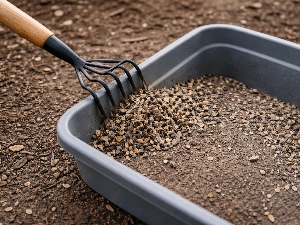 Garden rake sweeping leftover seed hulls into a small bin from a ground feeding area.