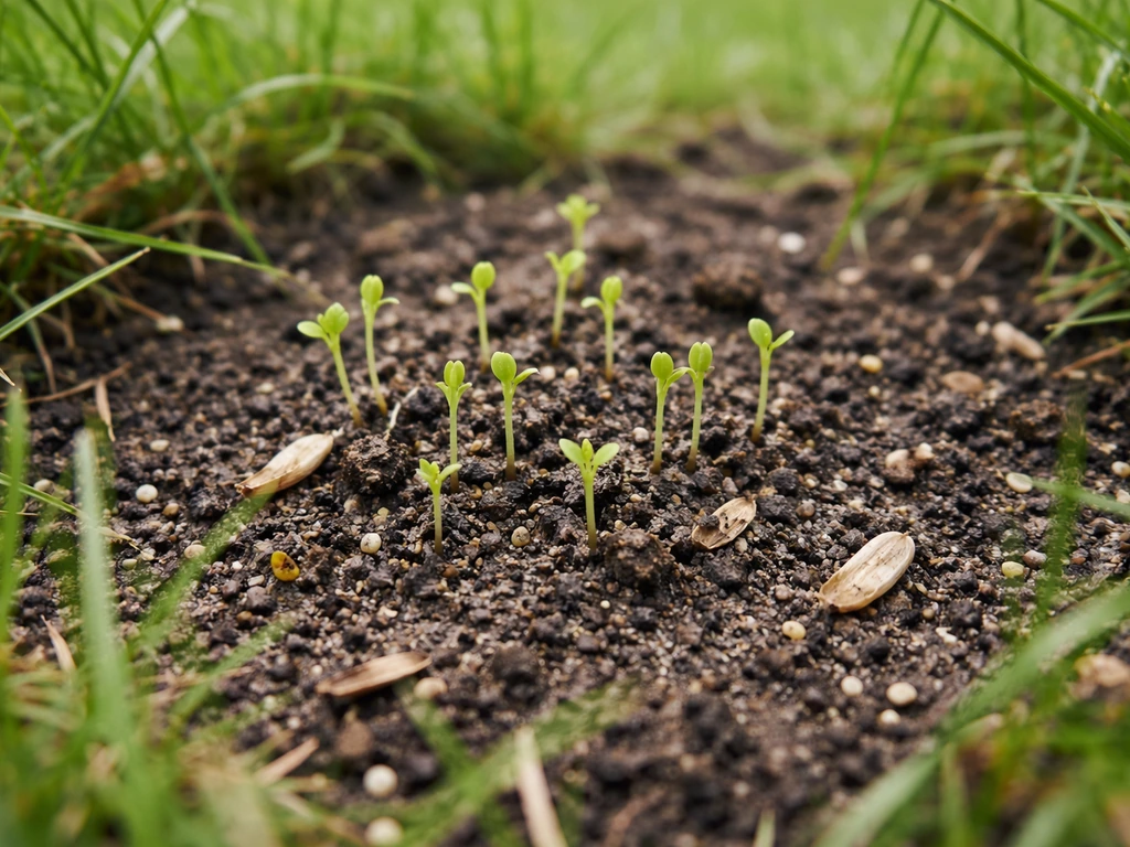 Tiny green sprouts emerging from moist soil in a lawn where seed was scattered.