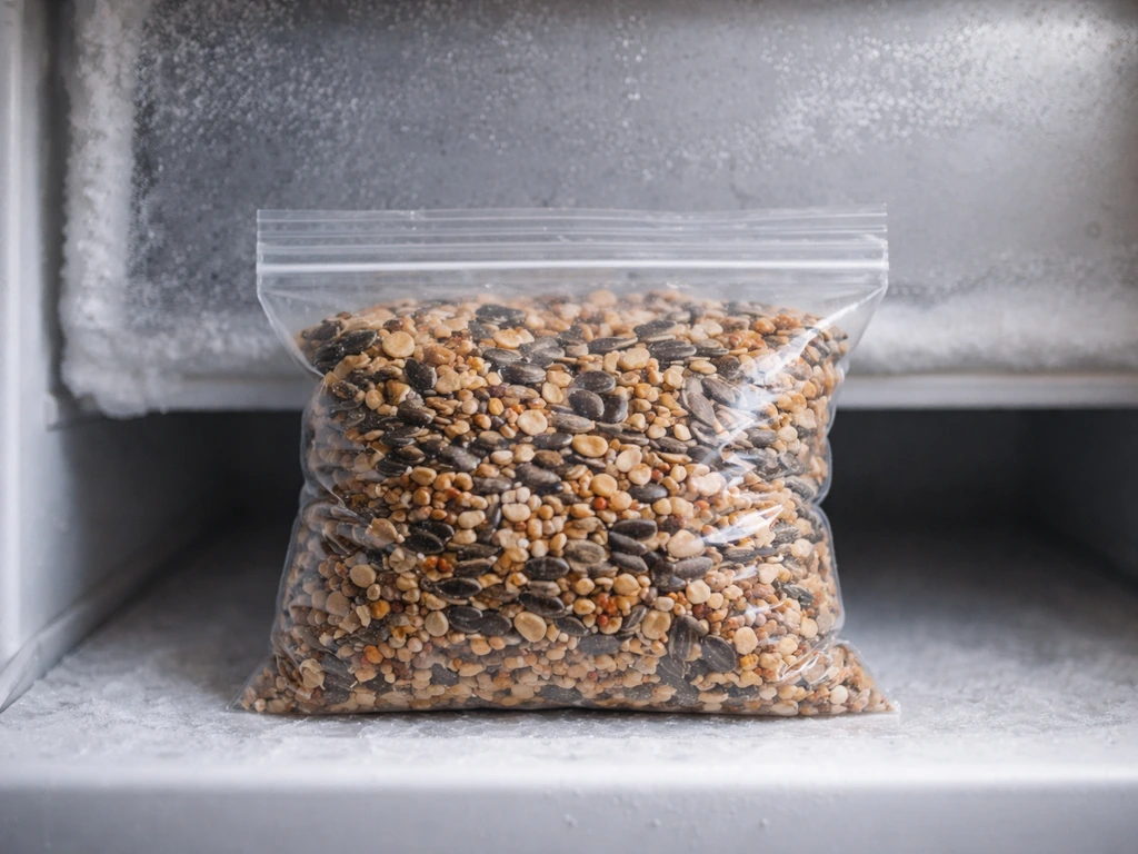 Sealed bag of bird seed in a frosty freezer, implying long freezing time to kill bugs.