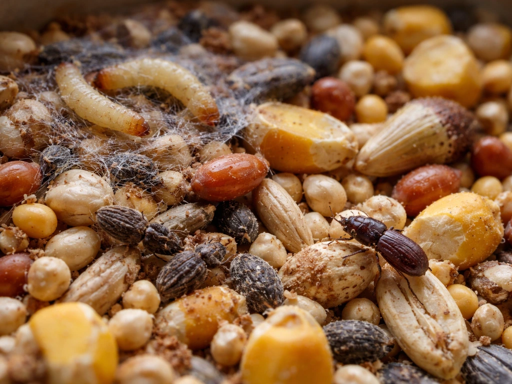 Macro close-up of bird seed showing Indianmeal moth webbing, larvae, weevils, and a grain beetle.
