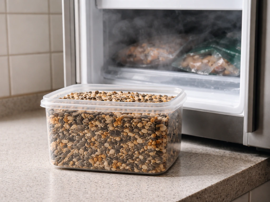 Minimal kitchen scene with a sealed container of bird seed and a freezer door in soft natural light
