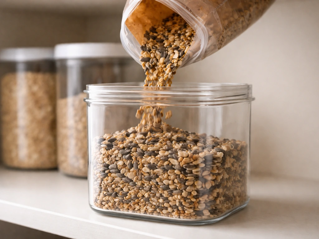 Bird seed transferred from an open bag into sealed airtight containers with lids in a pantry.