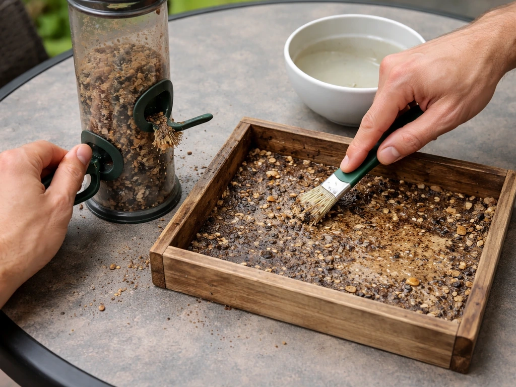Hands using a brush to scrub a bird feeder tube and platform tray with seed residue