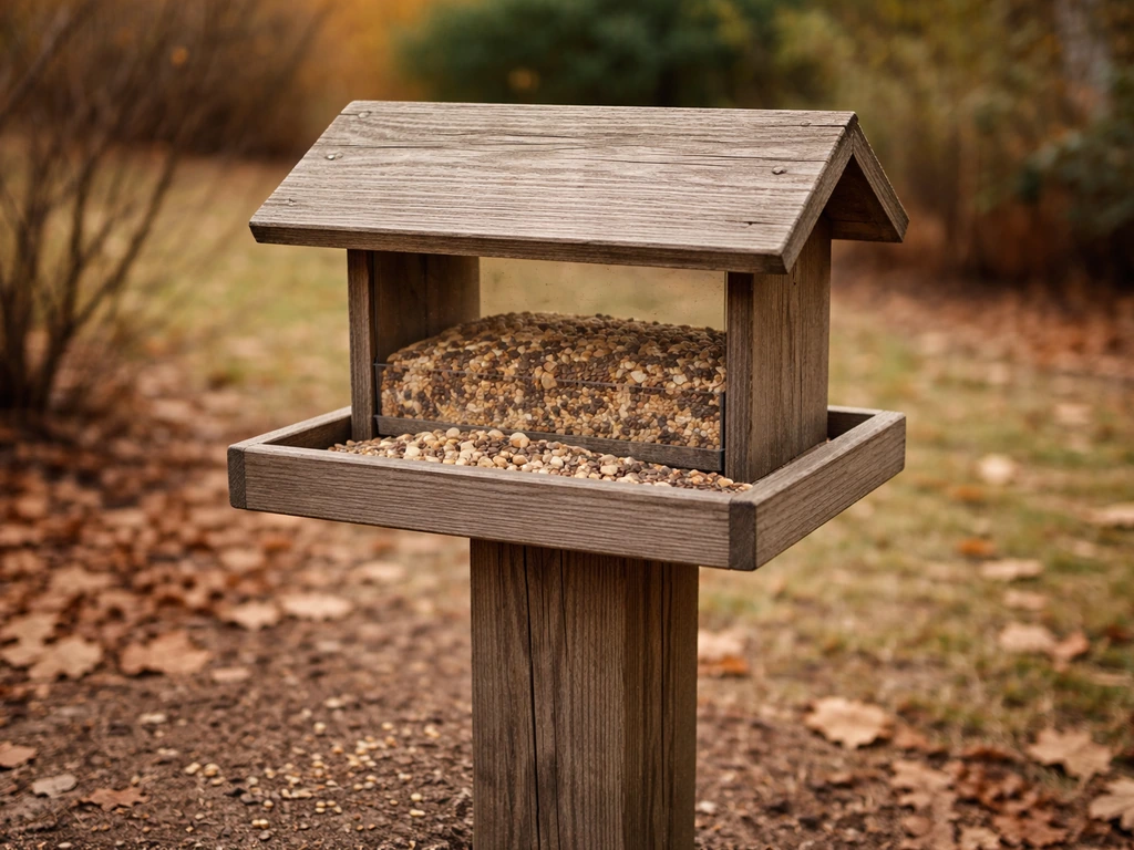 Outdoor bird feeder on a wooden post in an autumn yard, with birdseed in a tray.