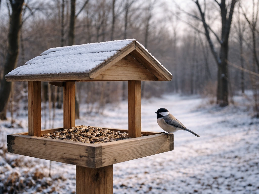 Small bird near a winter feeder in a bare, late-fall garden with cool muted light