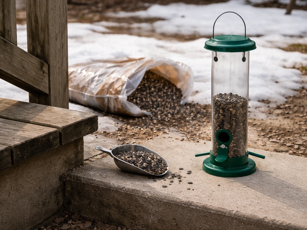 Minimal porch feeder scene with small sunflower seed scoop and an opened larger bag nearby.