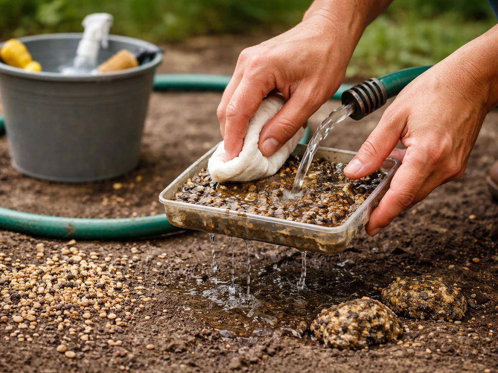 Person rinsing a bird feeder tray while sweeping up moldy seed hulls on the ground