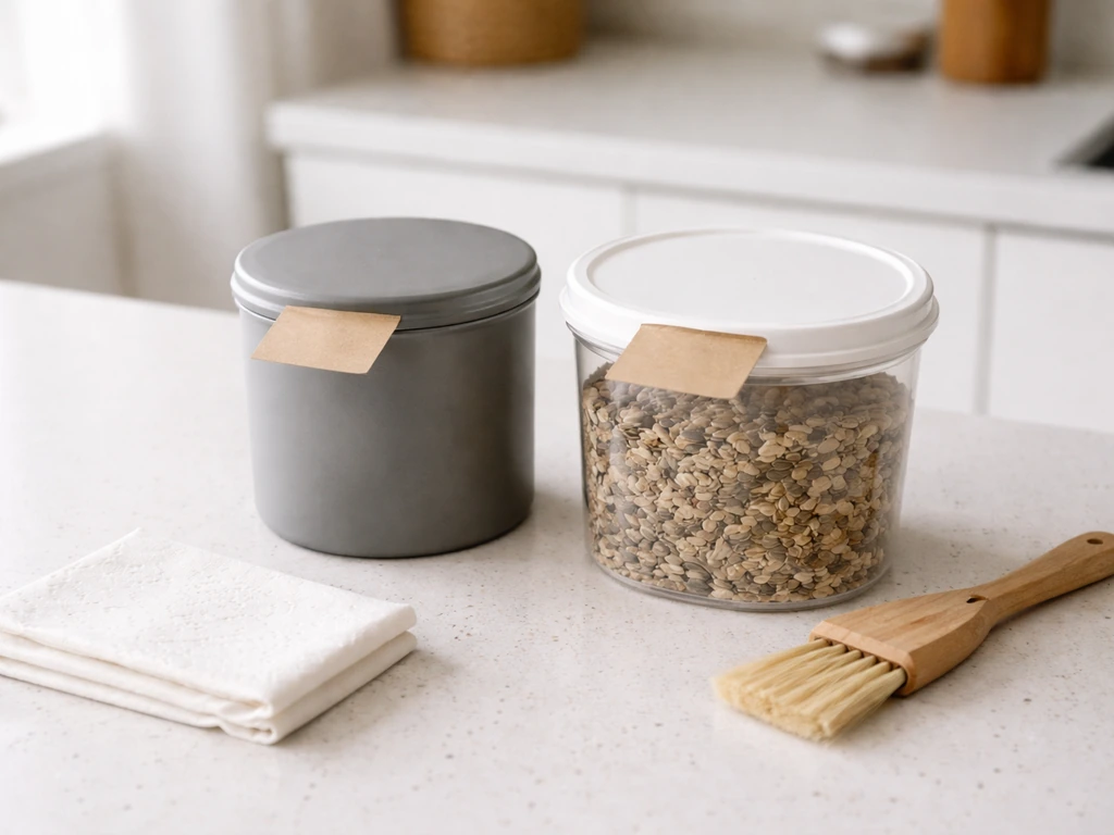A clean kitchen counter with sealed airtight containers of leftover seed kept indoors