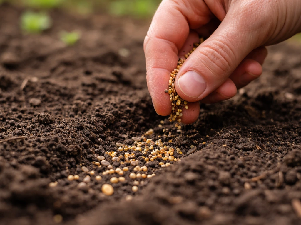 Hand sprinkling bird seed into garden soil, seeds pressed in to suggest they can sprout.