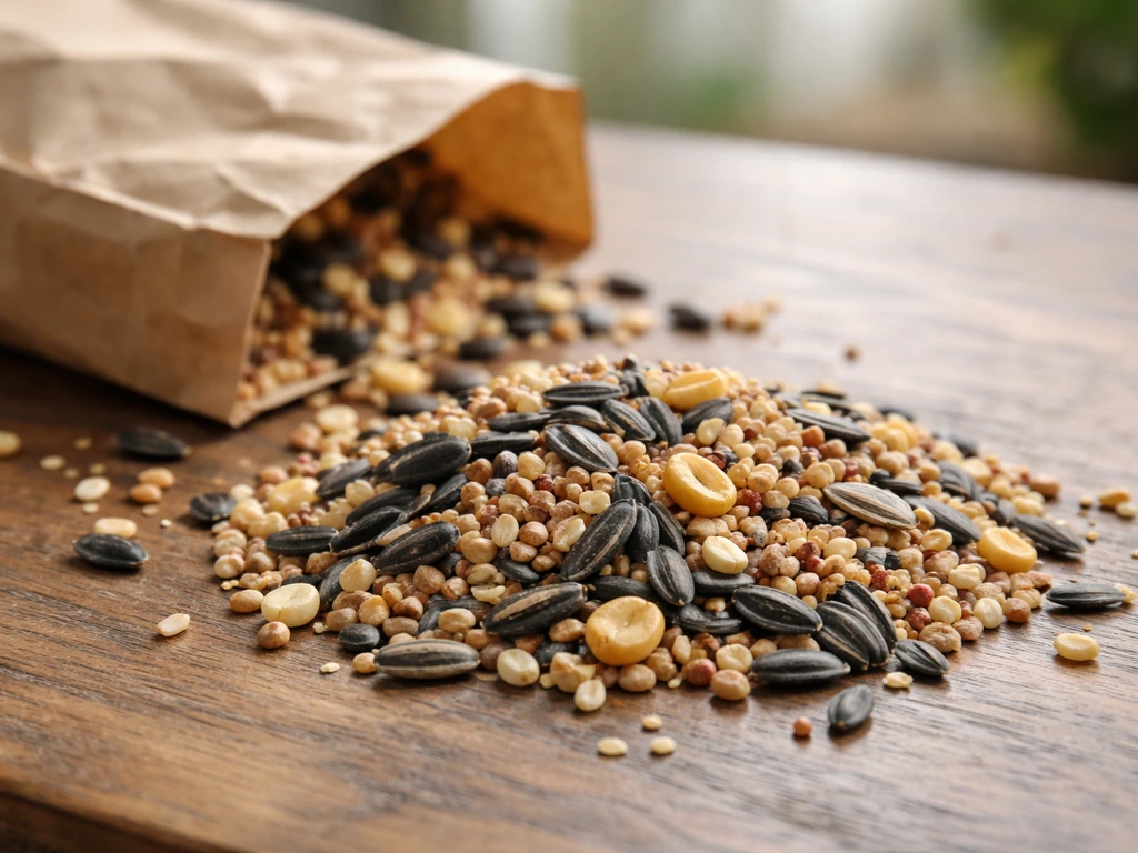 Close-up of mixed birdseed with whole and hulled pieces beside a small paper bag in natural light.