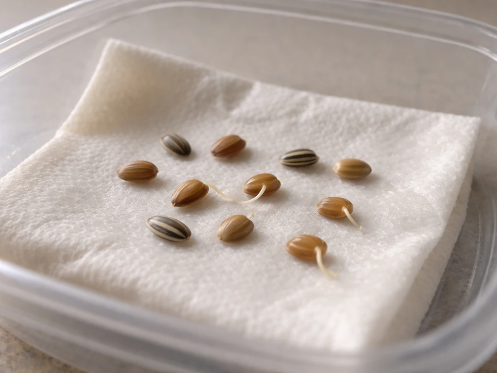 Close-up of damp paper towel with bird seeds, some sprouting, showing a simple viability test setup.