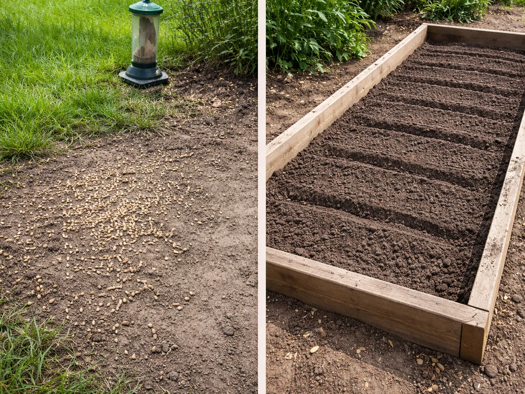 Split garden scene: bird feeder area with exposed scattered seeds vs prepared soil bed with planted seeds