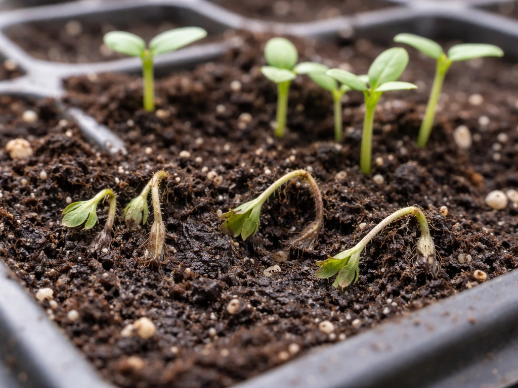 Seed-starting tray showing damp-off collapse at soil line beside a few healthy seedlings