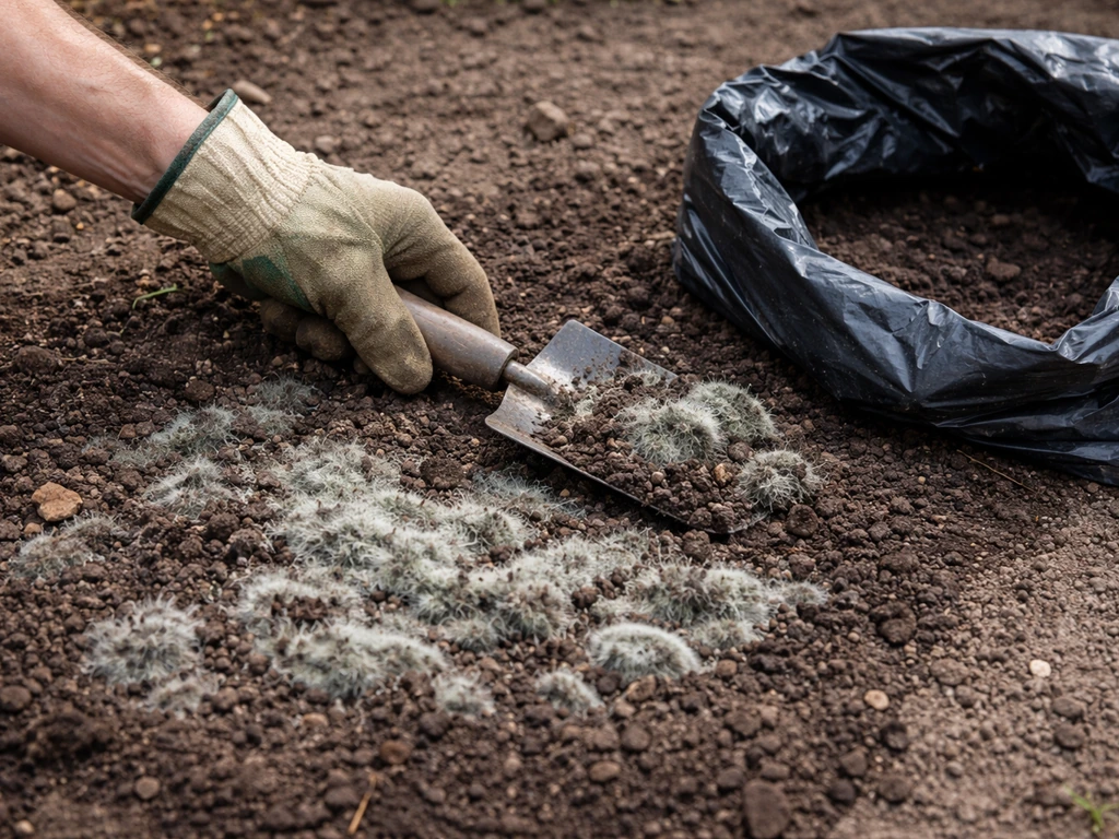 Raked moldy seed bed patch being scooped into a disposal bag, soil visibly covered in fuzzy mold