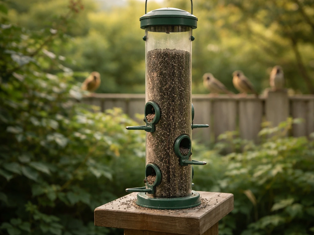 Nyjer (thistle) seed tube feeder in a backyard garden with small finches perched nearby